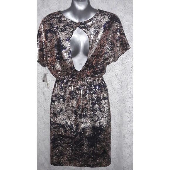 NWT Gianni Bini KENDALL Navy/Copper Sequin Wrap Front Mini Dress XS - Picture 2 of 7